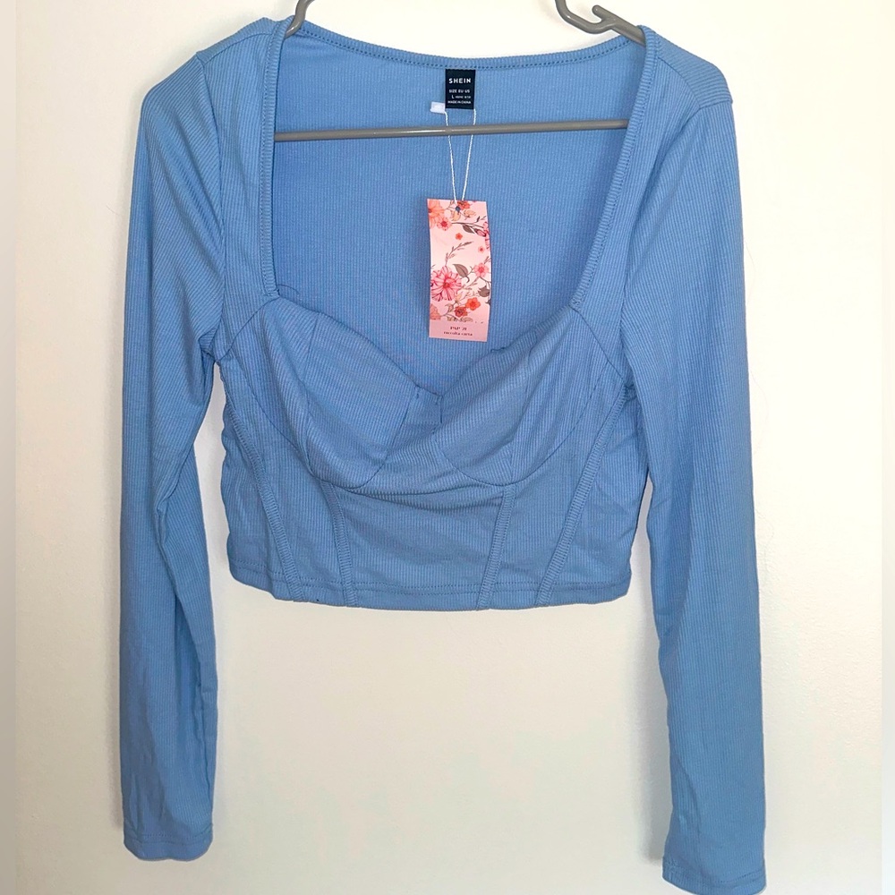 Blue Long Sleeve Crop Top